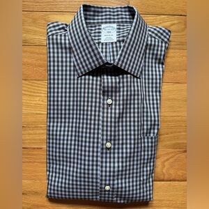 NWOT Brooks Brothers Men’s Cotton Dress Shirt, Blue and Brown Check, Button-Up